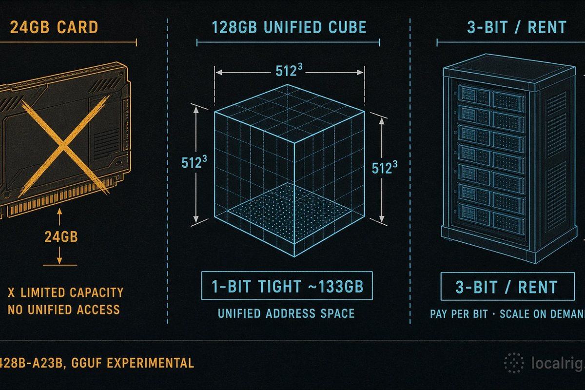 128 GB unified only for Unsloth 1-bit with headroom; 24 GB skip; GGUF experimental